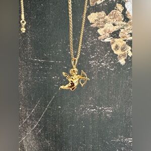 Gold Tone Cupid Angel Pendant Necklace Adjustable Chain